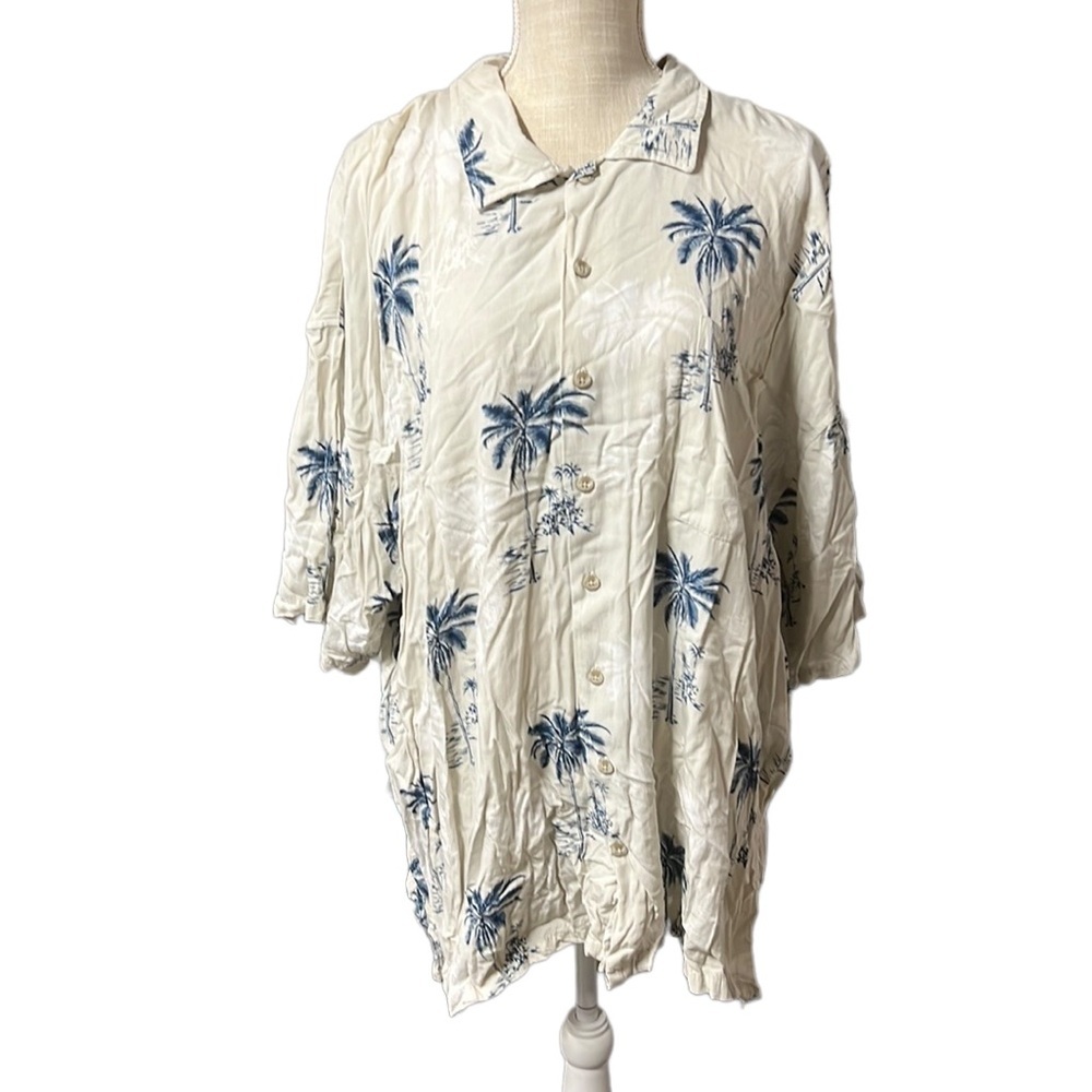 Newport Blue Short Sleeve Button Up Hawaiian Shirt Tan Blue Palm Trees Mens 3X